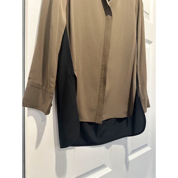 Vince Silk Olive Green and Black Two Toned Colorblock Blouse 2 - Picture 7 of 11